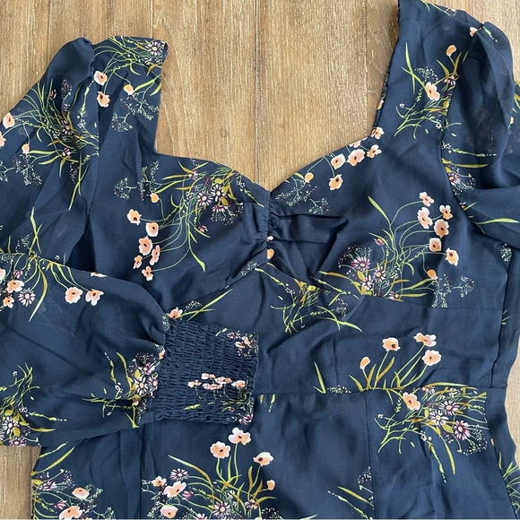 Commense Navy Blue Floral Midi Dress Wedding Guest Babydoll Sheer Women’s L - Picture 4 of 7